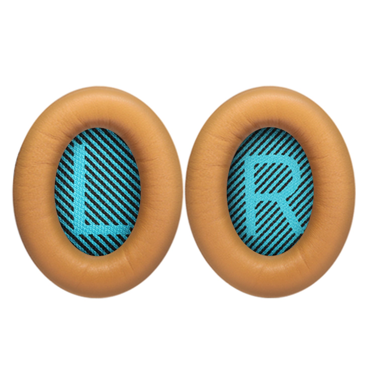 Pair of brown earbud covers with blue interior on a black background